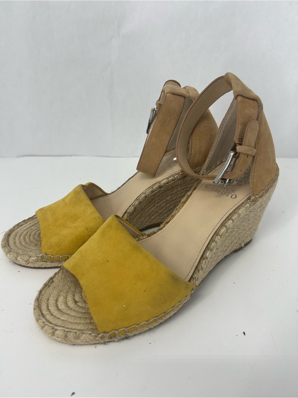 Vince Camuto Leera Mustard Yellow Suede Espadrille Wedge Sandals